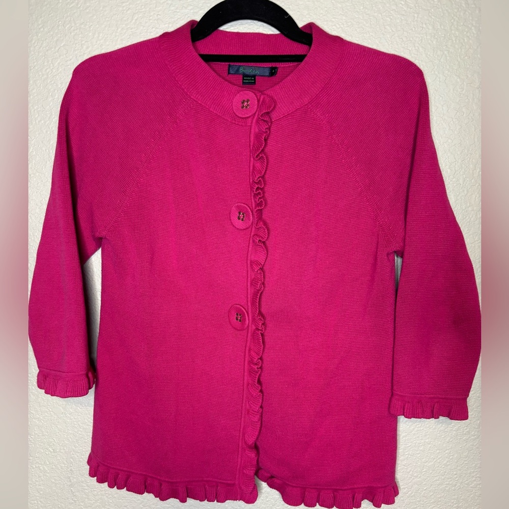 BODEN Pink Ruffle Cardigan women’s 8 snap button 100% cotton